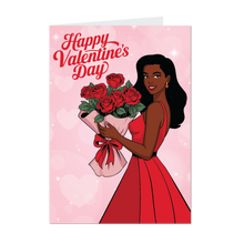 Load image into Gallery viewer, Bouquet of Roses &amp; Red Dress - African American Woman - Valentine's Day Cards