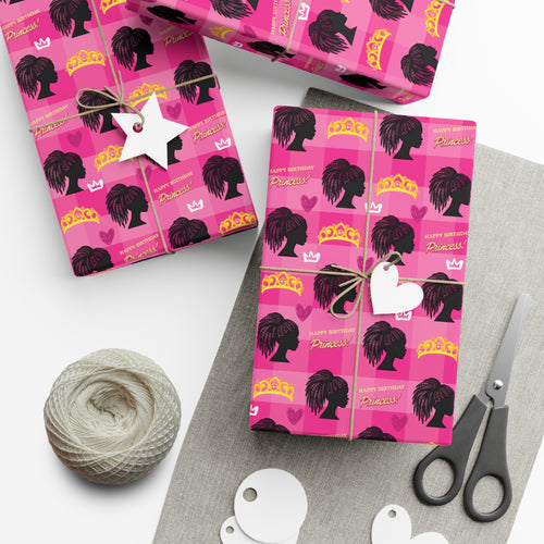 Braids, Ponytails, Hearts & Tiaras - African American Girl - Birthday Gift Wrapping Paper Roll - Wrapped Gifts Sample Photo
