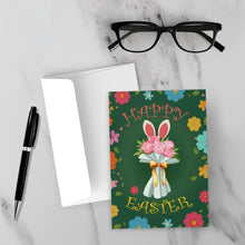 Load image into Gallery viewer, Bunny Ears &amp; Flower Bouquet - Black Stationery Easter Cards Front with Sample Background