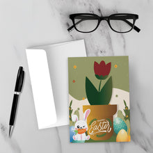Load image into Gallery viewer, Bunny Rabbit, Flowers &amp; Eggs - Black Stationery Easter Card Shop Front with Sample Background