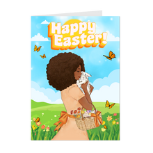 Load image into Gallery viewer, Butterflies, Easter Eggs &amp; Bunny - Happy Easter - African American Woman - Afro Hairstyle - Holiday Greeting Card Shop