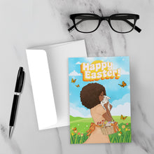 Load image into Gallery viewer, Butterflies, Easter Eggs &amp; Bunny - Happy Easter - African American Woman - Afro Hairstyle - Holiday Greeting Card Shop
