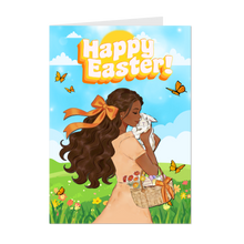 Load image into Gallery viewer, Butterflies, Easter Eggs &amp; Bunny - Happy Easter - African American Woman - Long Hairstyle - Holiday Greeting Card Shop