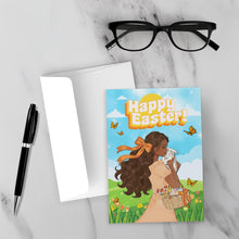 Load image into Gallery viewer, Butterflies, Easter Eggs &amp; Bunny - Happy Easter - African American Woman - Long Hairstyle - Holiday Greeting Card Shop