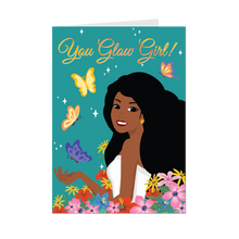 Load image into Gallery viewer, Butterflies &amp; Flowers You Glow Girl - African American Woman - Inspirational Greeting Cards - Front