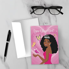 Load image into Gallery viewer, Butterflies &amp; Flowers You Glow Girl - African American Woman - Inspirational Greeting Cards (Curly Hair) on a white surface