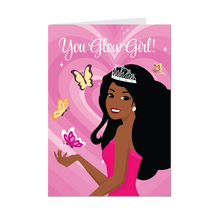 Load image into Gallery viewer, Butterflies &amp; Flowers You Glow Girl - African American Woman - Inspirational Greeting Cards (Pink) - Front
