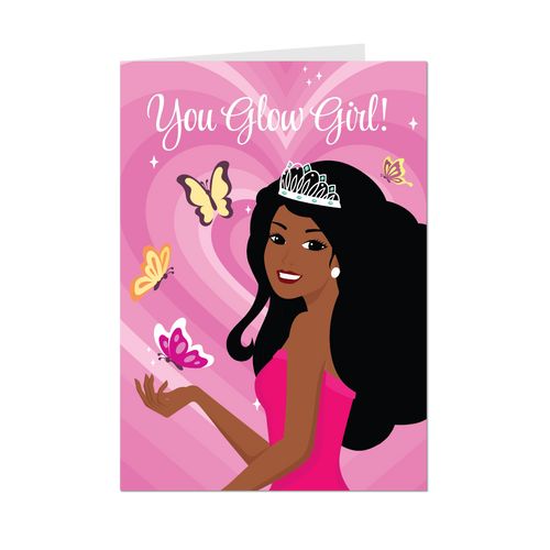 Butterflies & Flowers You Glow Girl - African American Woman - Inspirational Greeting Cards (Pink) - Front