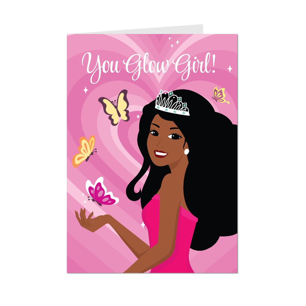 Butterflies & Flowers You Glow Girl - African American Woman - Inspirational Greeting Cards (Pink) - Front