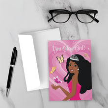 Load image into Gallery viewer, Butterflies &amp; Flowers You Glow Girl - African American Woman - Inspirational Greeting Cards (Pink) - Front with Background