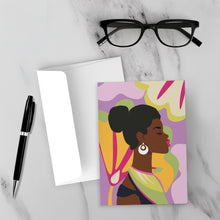 Load image into Gallery viewer, Bright Energy - African American Woman - Black Stationery Blank Cards Front with Sample Background
