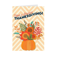 Load image into Gallery viewer, Chevron Pumpkin Flower Bouquet - Have A Blessed Thanksgiving Cards - Front
