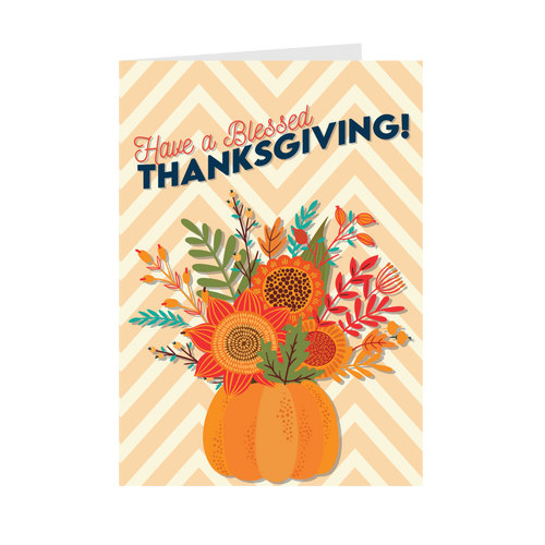 Chevron Pumpkin Flower Bouquet - Have A Blessed Thanksgiving Cards - Front