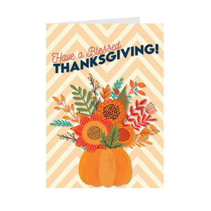 Chevron Pumpkin Flower Bouquet - Have A Blessed Thanksgiving Cards - Front