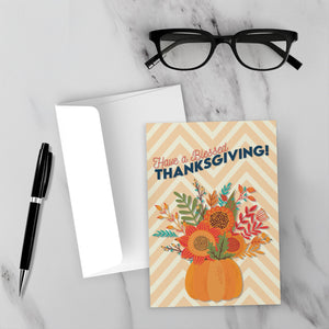 Chevron Pumpkin Flower Bouquet - Have A Blessed Thanksgiving Cards - Front (With Background)