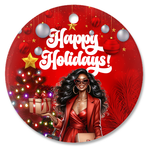 Christmas Tree, Gifts & Happy Holidays - African American Woman Smiling - Porcelain Ornaments