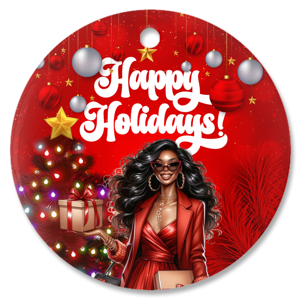 Christmas Tree, Gifts & Happy Holidays - African American Woman Smiling - Porcelain Ornaments