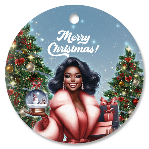 Christmas Trees, Gifts & Snow Globe  - African American Woman Smiling - Porcelain Ornaments