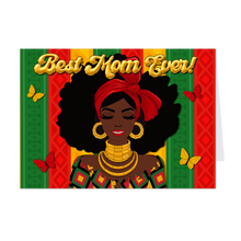 Load image into Gallery viewer, Colors of Africa - Smiling Fashion Goddess - Best Mom Ever - African American Greeting Card - Colorful Butterflies - Statement Jewelry