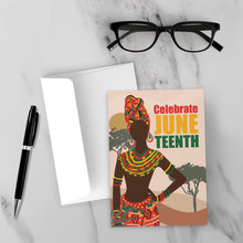 Load image into Gallery viewer, Colors of Africa Celebrate Juneteenth Greeting Card Front with Sample Background