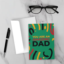 Load image into Gallery viewer, Colors of Africa Festive - Amazing Dad - Black Card Shop (Green) Front with Sample Background