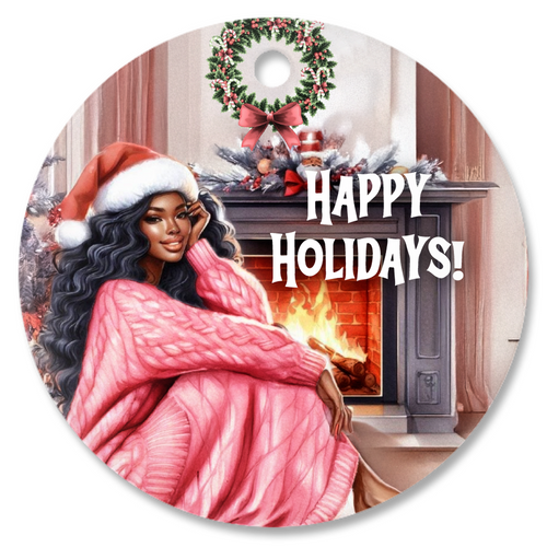 Cozy Christmas - Happy Holidays - African American Woman Smiling - Porcelain Ornaments