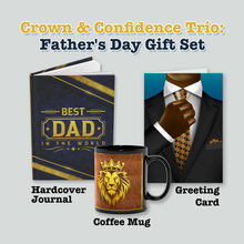 Load image into Gallery viewer, Crown &amp; Confidence Trio: Greeting Card + Coffee Mug + Hardcover Journal — African American Father's Day Gift Set