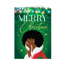 Load image into Gallery viewer, Curly Afro - African American Woman - Merry Christmas Cards (Green) - Front
