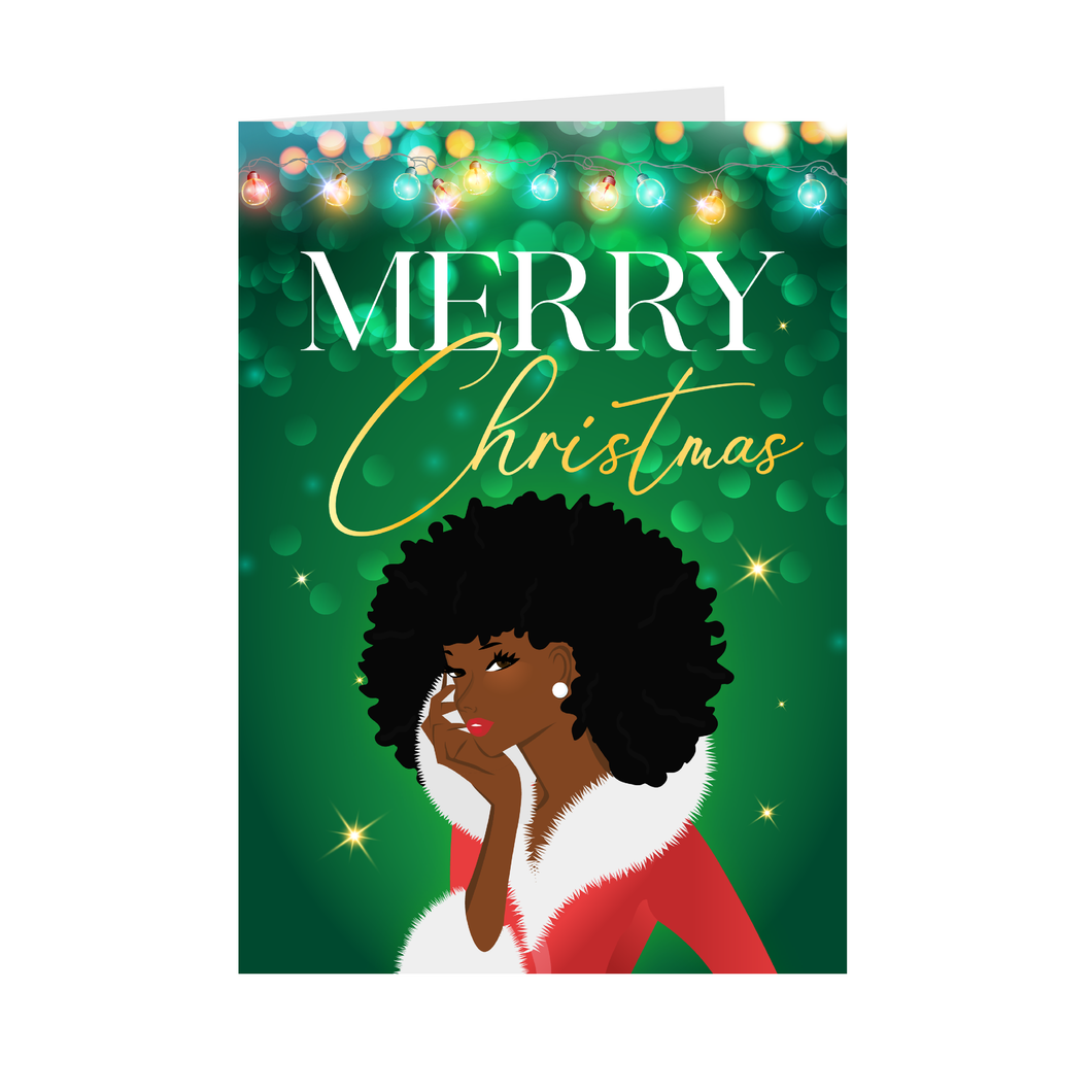 Curly Afro - African American Woman - Merry Christmas Cards (Green) - Front