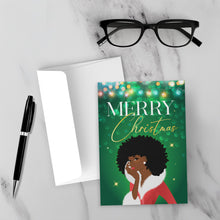 Load image into Gallery viewer, Curly Afro - African American Woman - Merry Christmas Cards (Green) - Front (With Background)