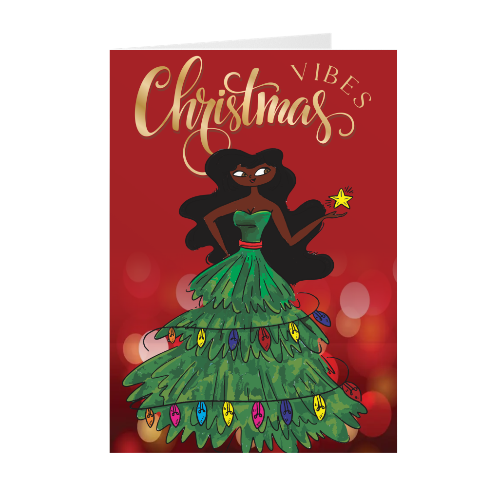 Christmas Tree Dress - African American Woman - Greeting Cards