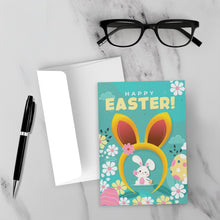 Load image into Gallery viewer, Easter Bunny, Eggs &amp; Headband - Black Stationery Card Shop Front with Sample Background