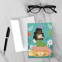 Load image into Gallery viewer, Easter Girl &amp; Bunny - African American Girl - Black Card Shop (Blue) Front with Sample Background