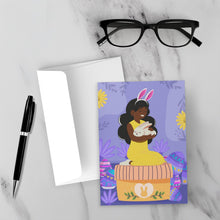 Load image into Gallery viewer, Easter Girl &amp; Bunny - African American Girl - Black Card Shop (Purple) Front with Sample Background