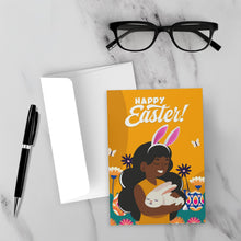 Load image into Gallery viewer, Easter Girl &amp; Bunny - African American Girl - Black Card Shop (Yellow) Front with Sample Background