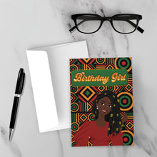 Load image into Gallery viewer, Excited Birthday Girl - African American Greeting Cards (Dreadlocks Hairstyle | Africa Colors) on a white surface