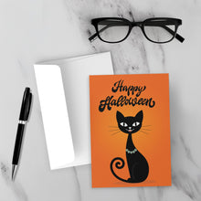 Load image into Gallery viewer, Fancy Black Cat - Happy Halloween Animal Greeting Card - Front (With Background)