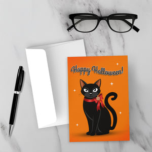 Fancy Black Cat w/Bow - Happy Halloween Animal Greeting Card - Front (With Background)
