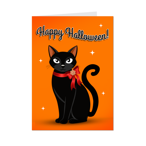 Fancy Black Cat w/Bow - Happy Halloween Animal Greeting Card