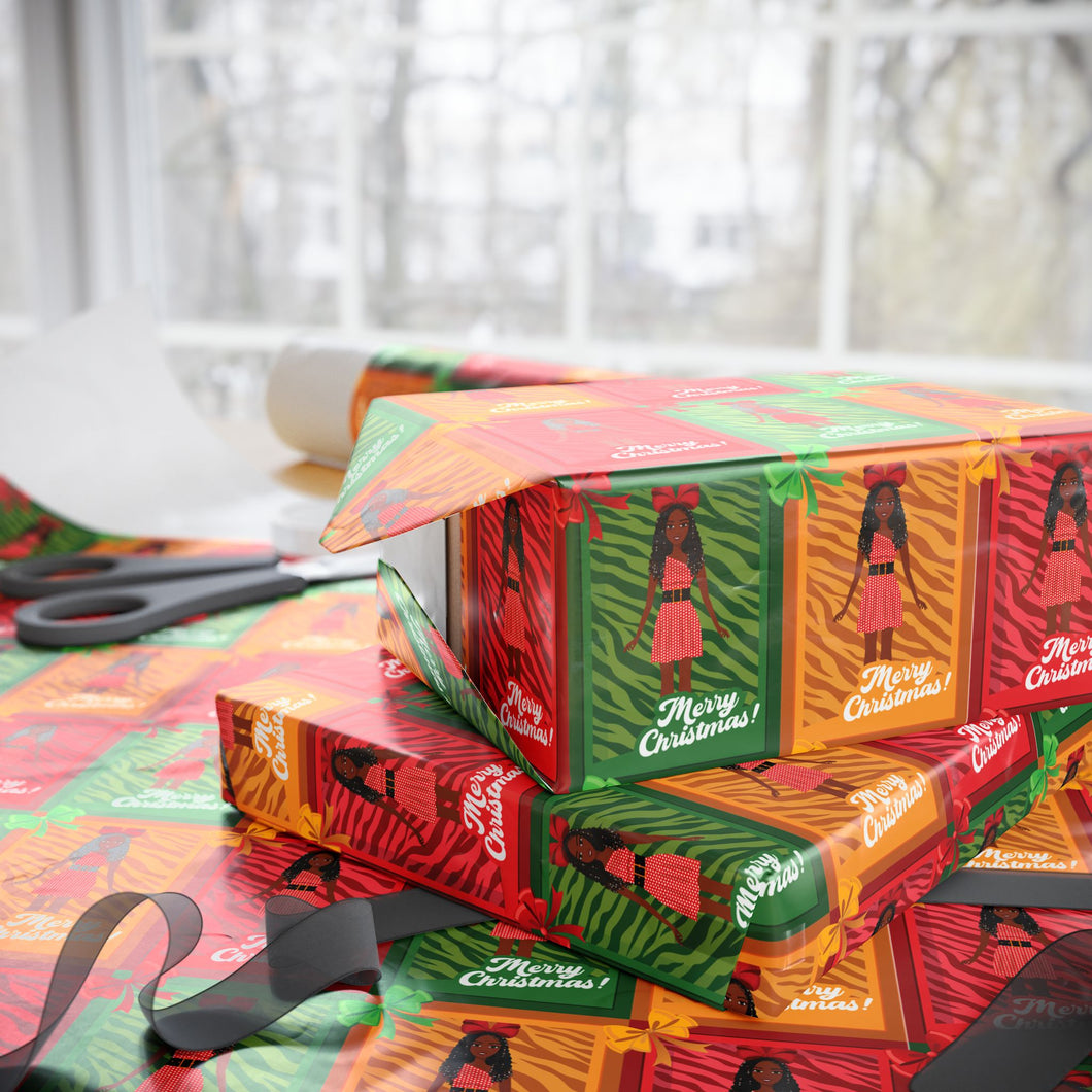 Festive African American Doll - Christmas Gift Wrap Paper (Braids Hairstyle)