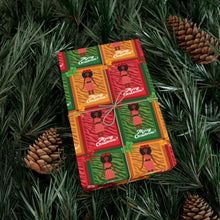 Load image into Gallery viewer, Festive African American Doll - Christmas Gift Wrap Paper (Curly Hairstyle) bed of greenery and pine cones