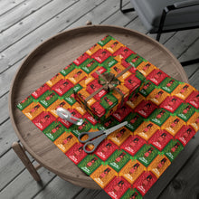 Load image into Gallery viewer, Festive African American Doll - Christmas Gift Wrap Paper (Long Dreadlocks Hairstyle w/Beads) on a wooden table.