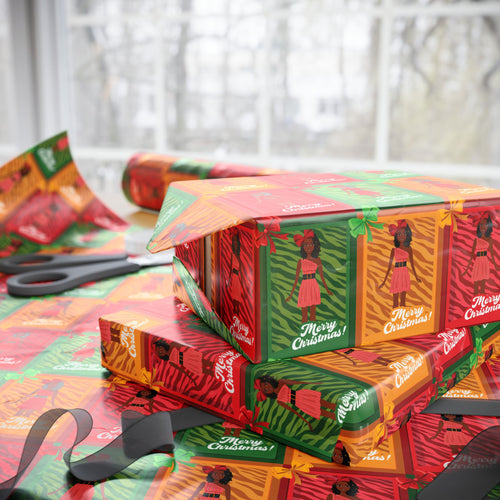 Festive African American Doll - Christmas Gift Wrap Paper (Short Dreadlocks Hairstyle w/Beads)