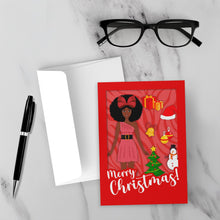 Load image into Gallery viewer, Festive African American Doll - Christmas Greeting Card (Afro Hairstyle - Red) front