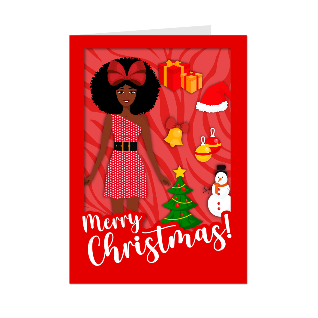Festive African American Doll - Christmas Greeting Card (Afro Hairstyle - Red)