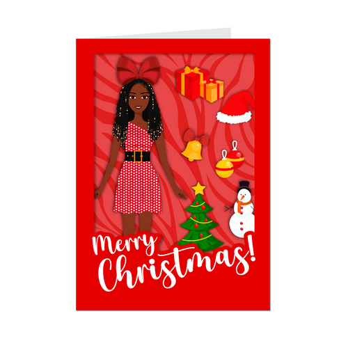 Festive African American Doll - Christmas Greeting Card (Braids Hairstyle with Beads - Red)