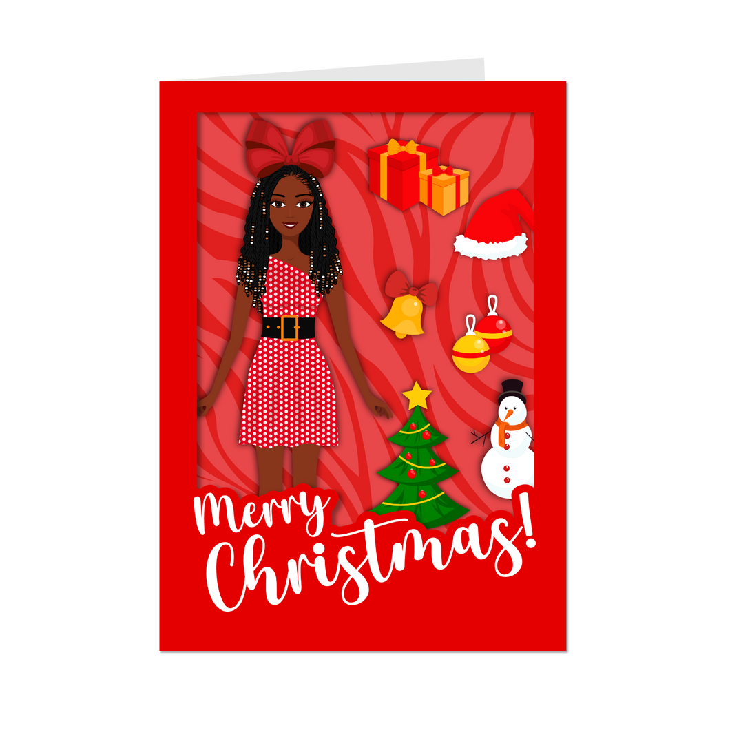 Festive African American Doll - Christmas Greeting Card (Braids Hairstyle with Beads - Red)