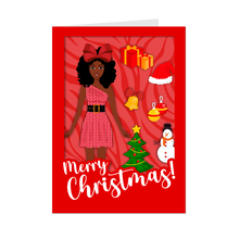 Load image into Gallery viewer, Festive African American Doll - Christmas Greeting Card (Curly Hair - Red)