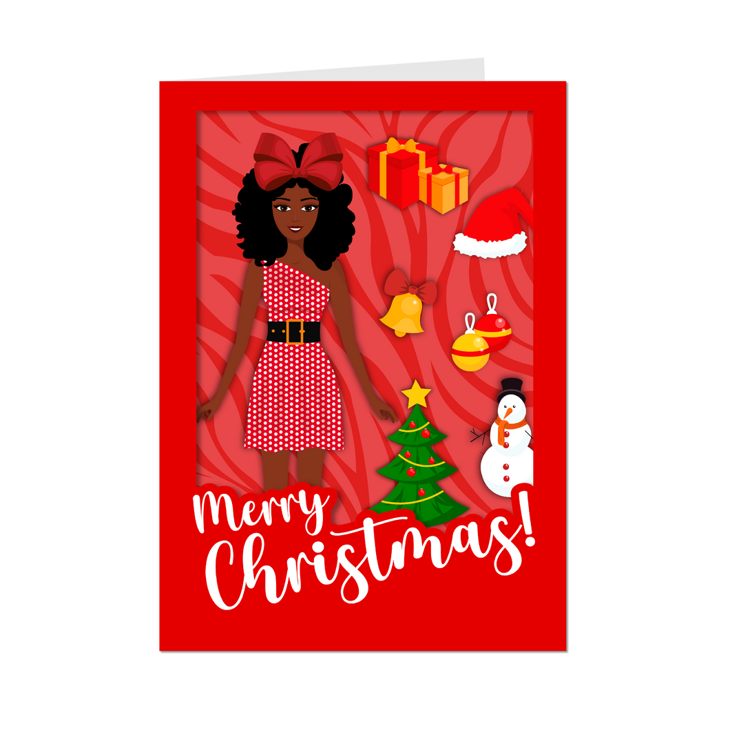 Festive African American Doll - Christmas Greeting Card (Curly Hair - Red)