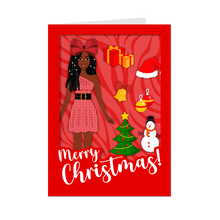 Load image into Gallery viewer, Festive African American Doll - Christmas Greeting Card (Long Dreadlocks Hairstyle with Beads - Red)